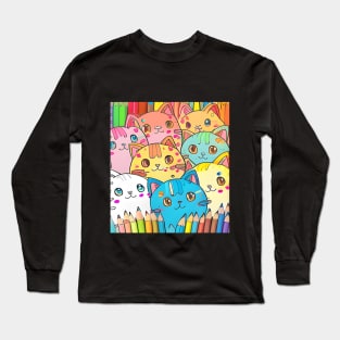 Cute Rainbow Cat Crayon - Funny Cats Long Sleeve T-Shirt